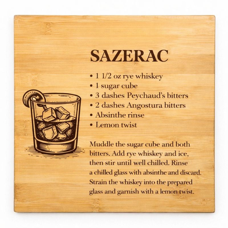 New Orleans Cocktail Recipe Engraved Bamboo Coasters (Set of 4)