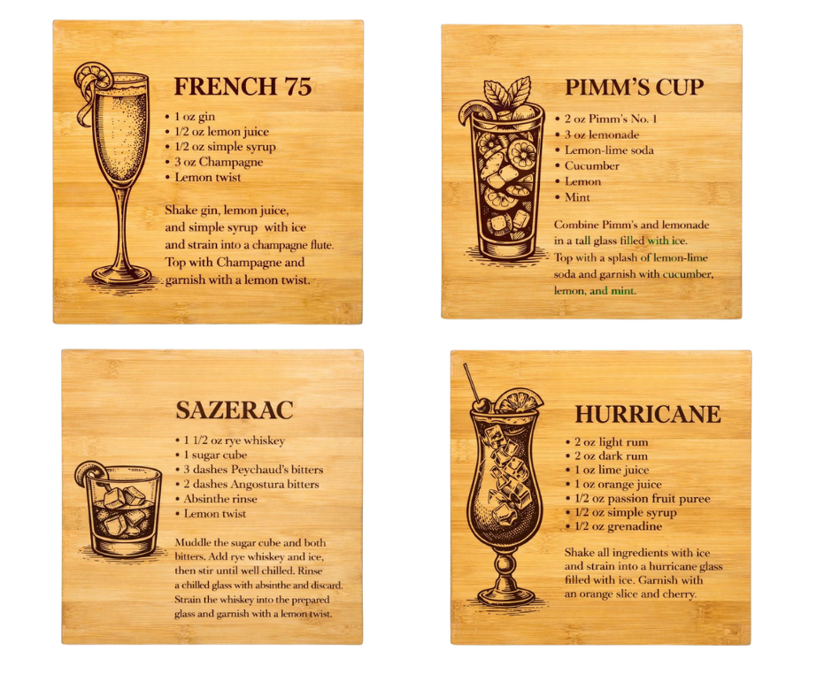 New Orleans Cocktail Recipe Engraved Bamboo Coasters (Set of 4)