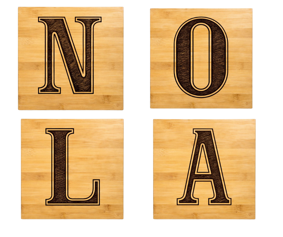 NOLA Street Letter Engraved Bamboo Coasters (Set of 4)